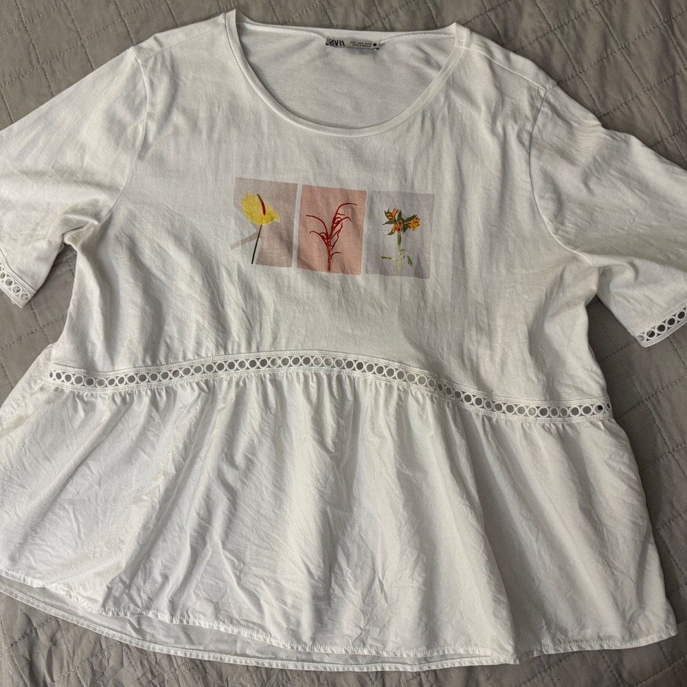 Zara Cream Peplum Blouse with Short Sleeves